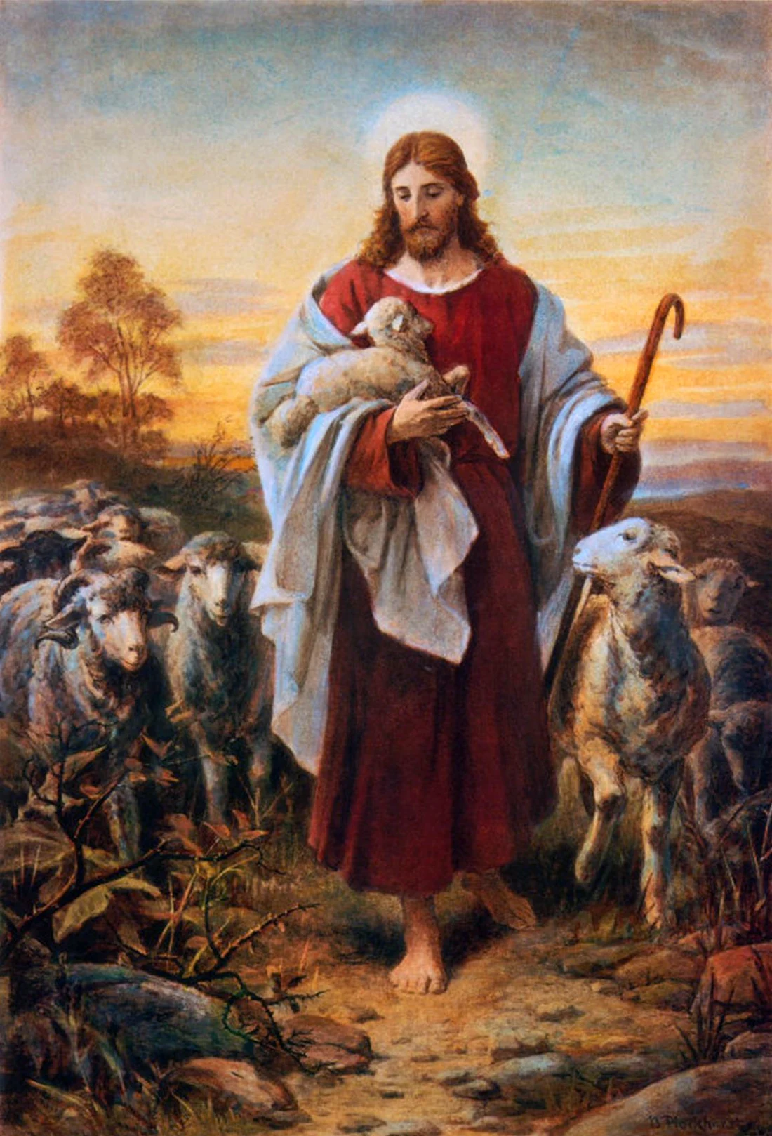 The Good Shepherd: a historical painting of Jesus carrying a lamb, surrounded by sheep